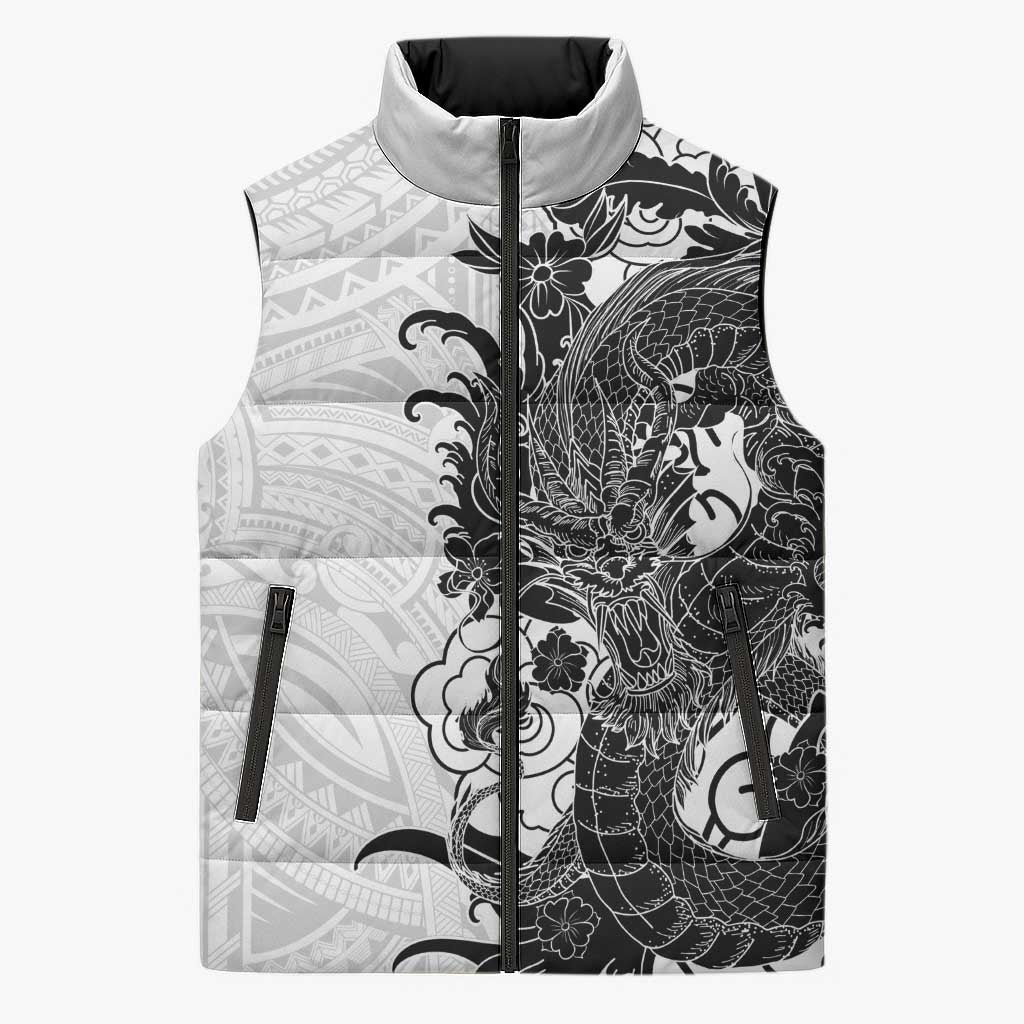 Hawaiian And Japanese Culture Sleeveless Puffer Jacket Irezumi Dragon With Polynesian Pattern White - Polynesian Pride