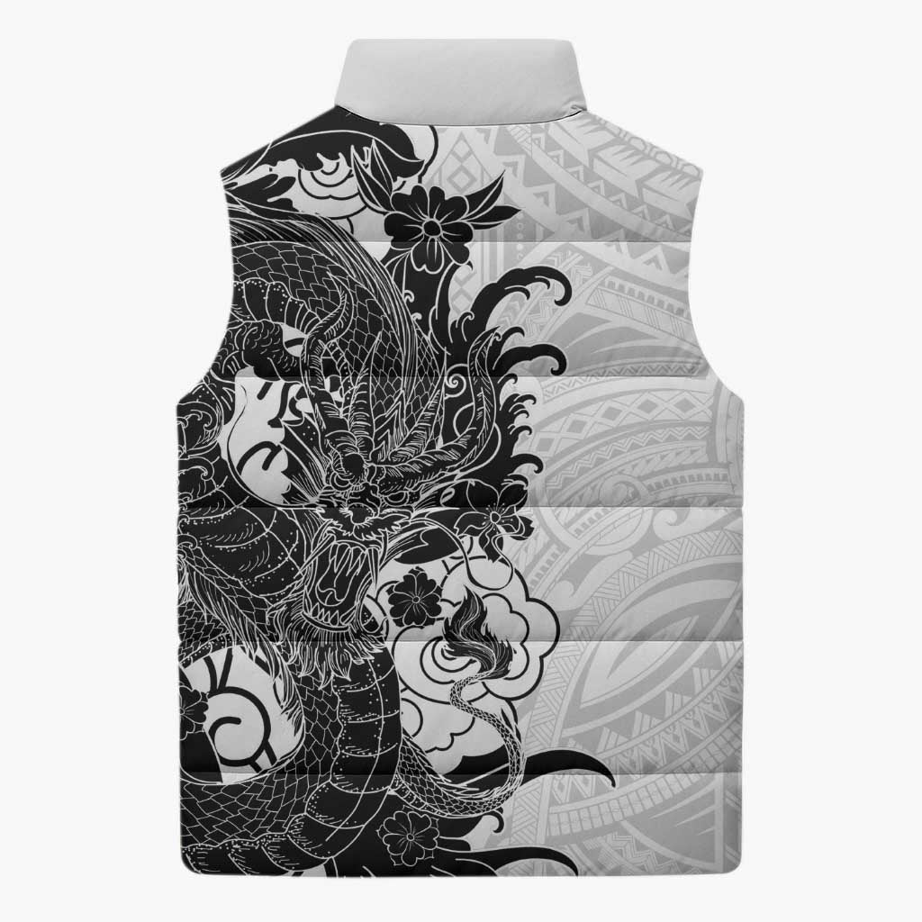 Hawaiian And Japanese Culture Sleeveless Puffer Jacket Irezumi Dragon With Polynesian Pattern White - Polynesian Pride