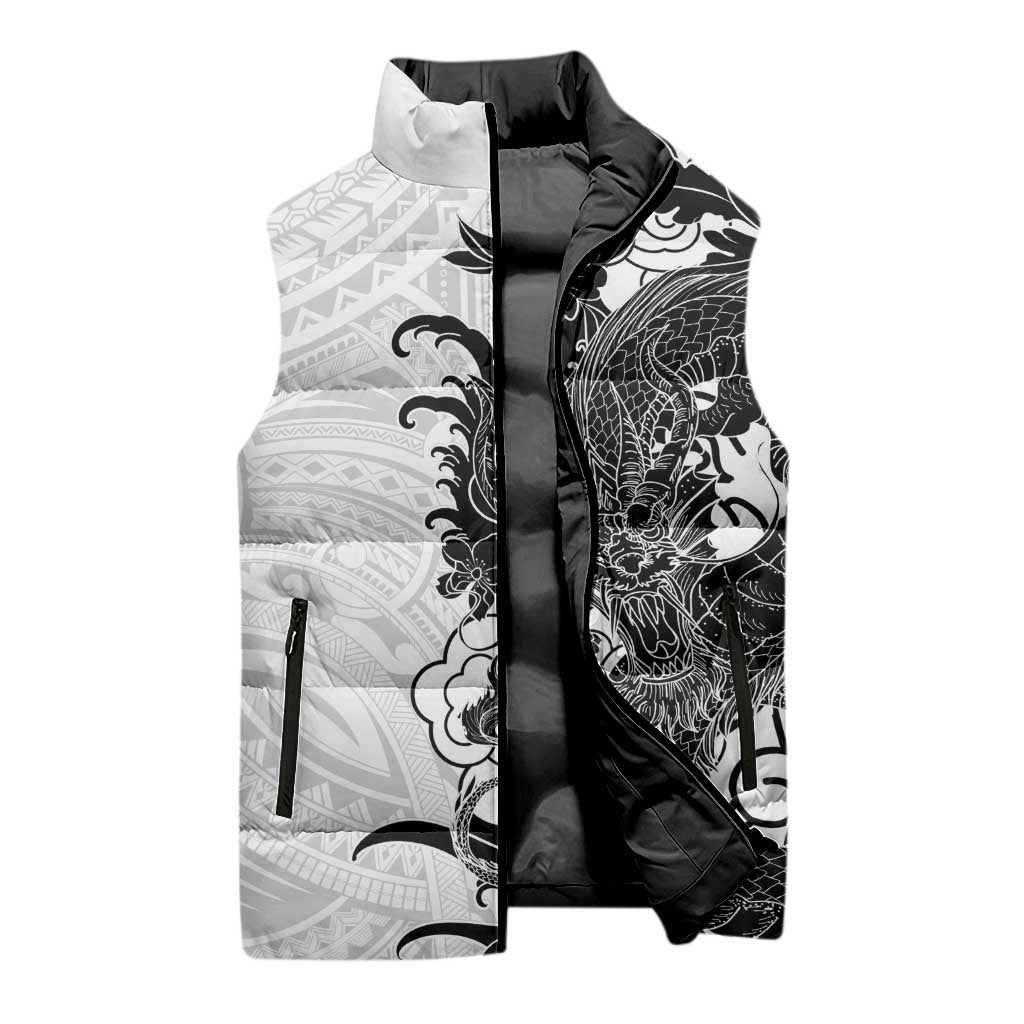 Hawaiian And Japanese Culture Sleeveless Puffer Jacket Irezumi Dragon With Polynesian Pattern White - Polynesian Pride