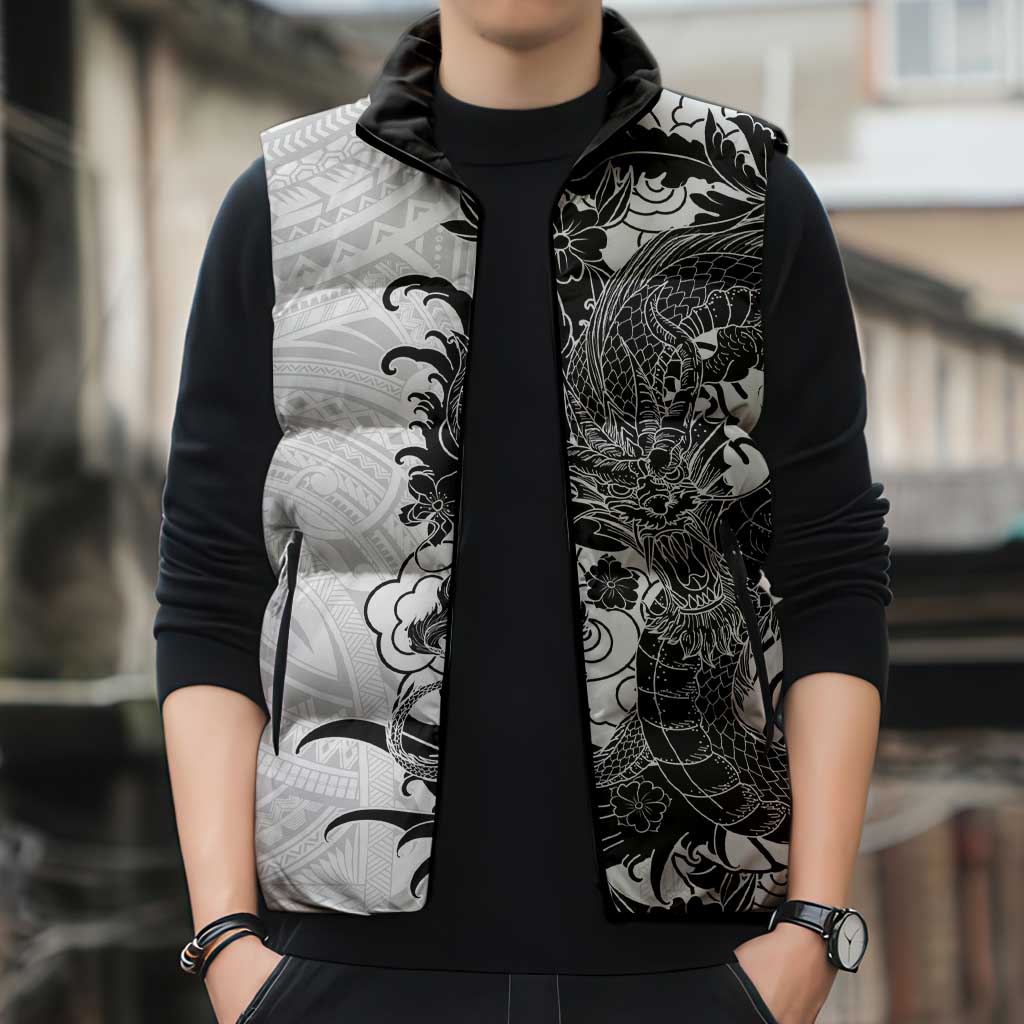 Hawaiian And Japanese Culture Sleeveless Puffer Jacket Irezumi Dragon With Polynesian Pattern White - Polynesian Pride
