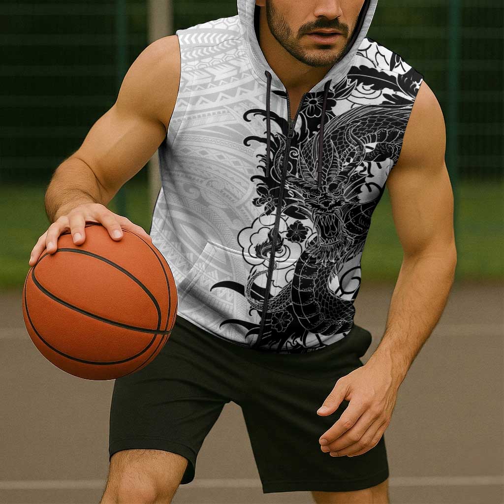 Hawaiian And Japanese Culture Sleeveless Zip Hoodie Irezumi Dragon With Polynesian Pattern White - Polynesian Pride