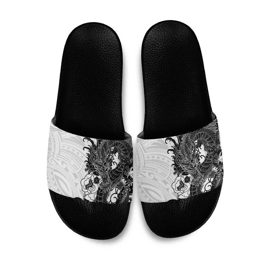 Hawaiian And Japanese Culture Slide Sandals Irezumi Dragon With Polynesian Pattern White LT05 White - Polynesian Pride