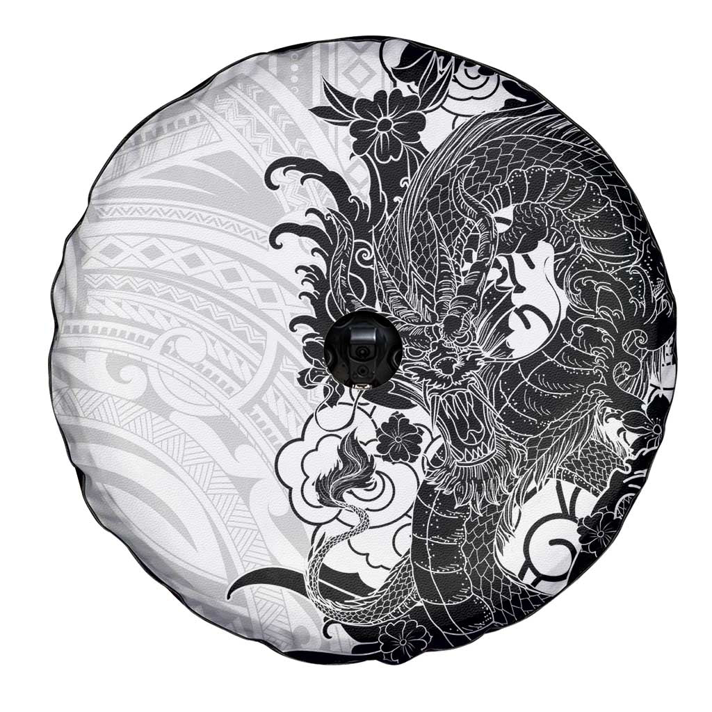 Hawaiian And Japanese Culture Spare Tire Cover Irezumi Dragon With Polynesian Pattern White - Polynesian Pride