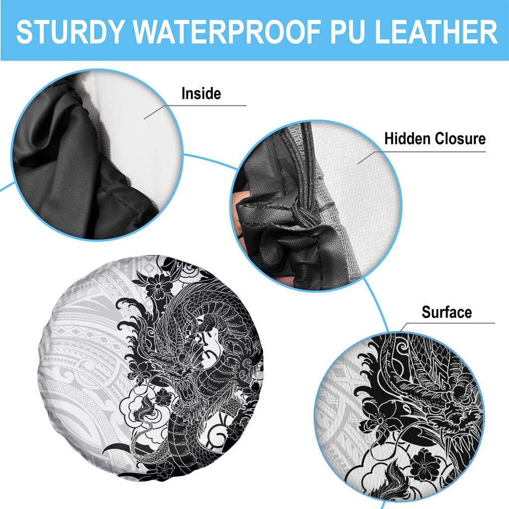 Hawaiian And Japanese Culture Spare Tire Cover Irezumi Dragon With Polynesian Pattern White - Polynesian Pride