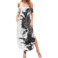 Hawaiian And Japanese Culture Summer Maxi Dress Irezumi Dragon With Polynesian Pattern White - Polynesian Pride