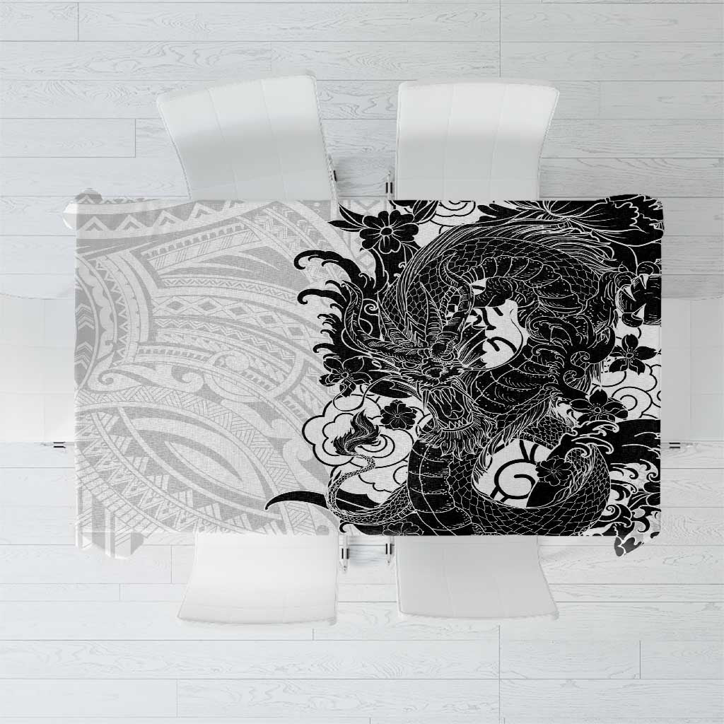 Hawaiian And Japanese Culture Tablecloth Irezumi Dragon With Polynesian Pattern White LT05 White - Polynesian Pride