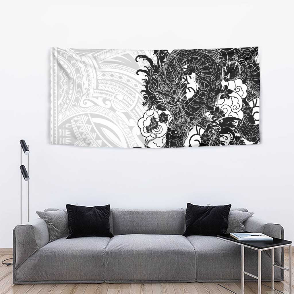 Hawaiian And Japanese Culture Tapestry Irezumi Dragon With Polynesian Pattern White - Polynesian Pride