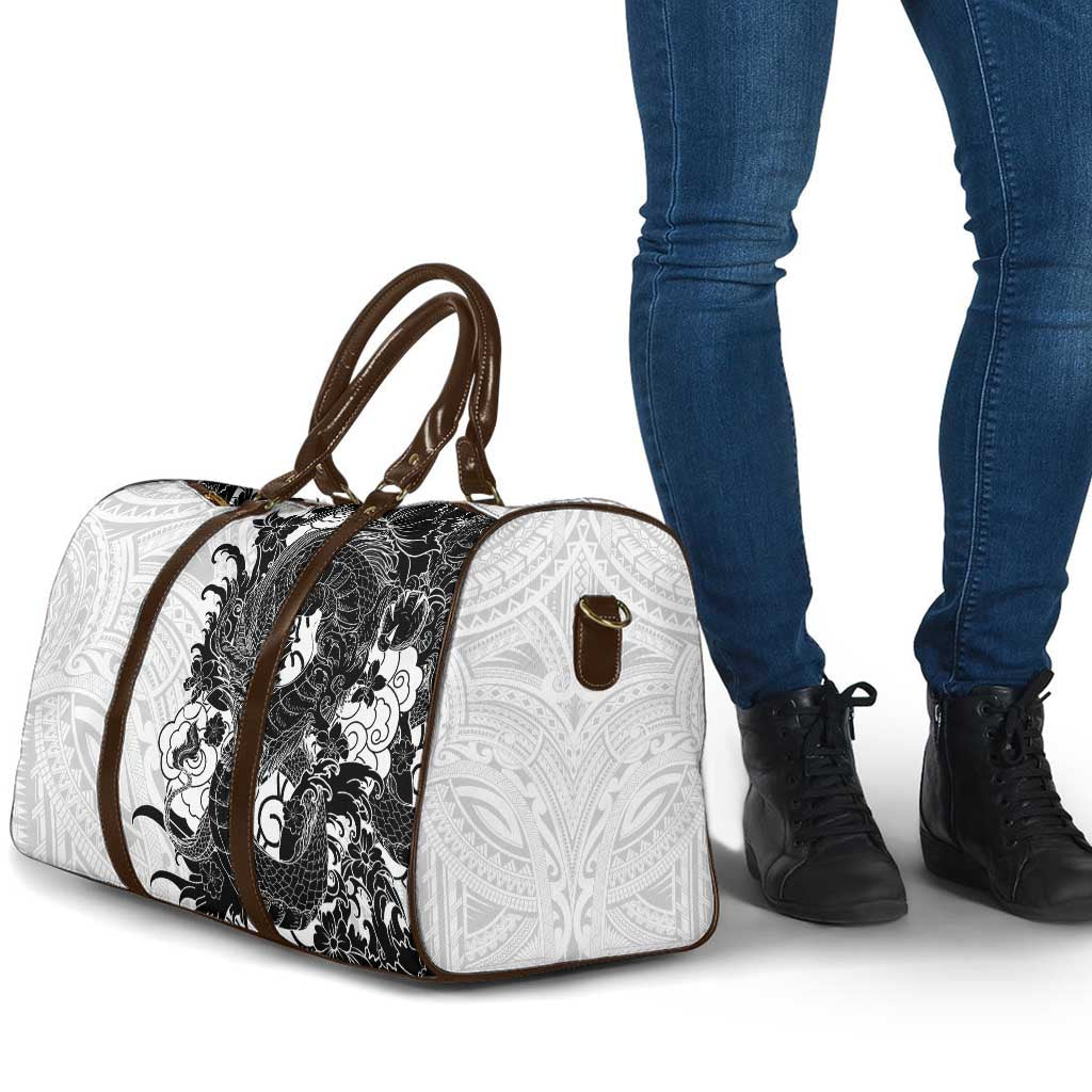 Hawaiian And Japanese Culture Travel Bag Irezumi Dragon With Polynesian Pattern White - Polynesian Pride