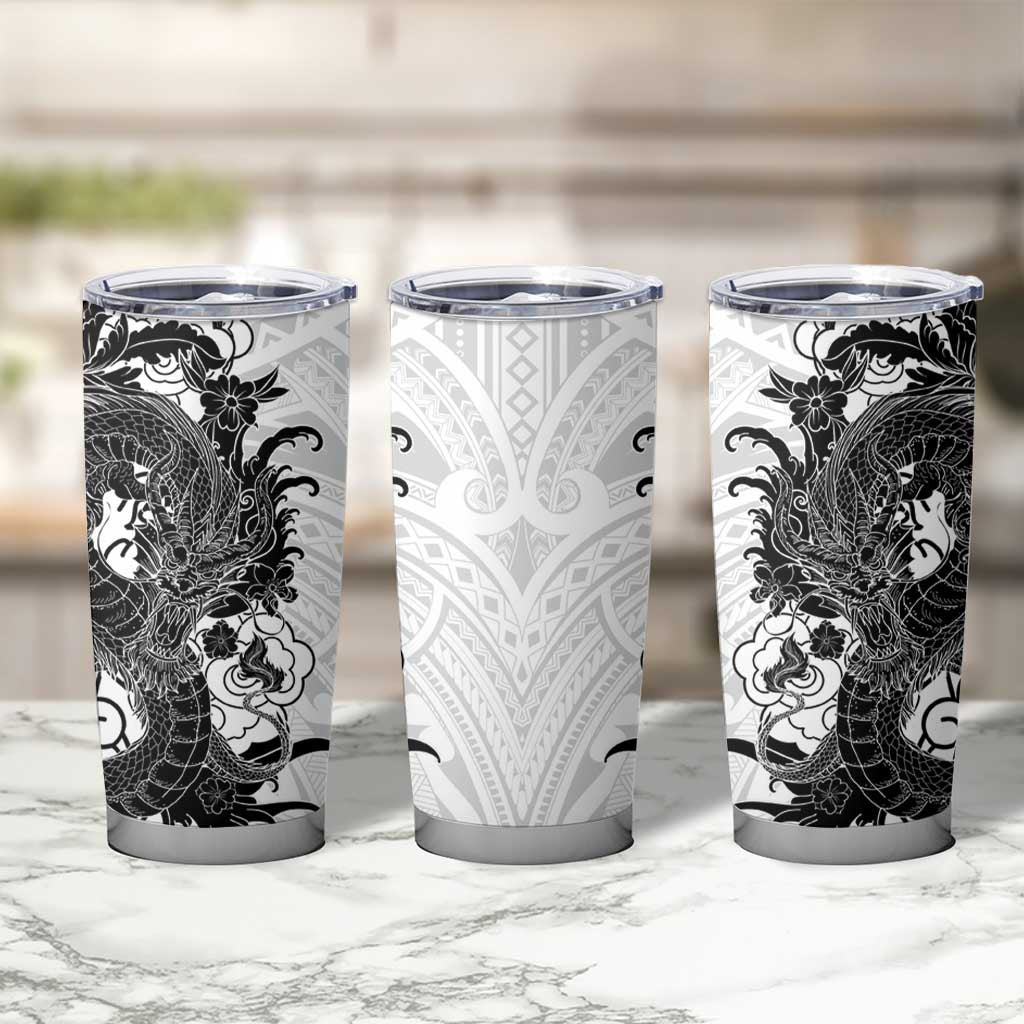 Hawaiian And Japanese Culture Tumbler Cup Irezumi Dragon With Polynesian Pattern White - Polynesian Pride