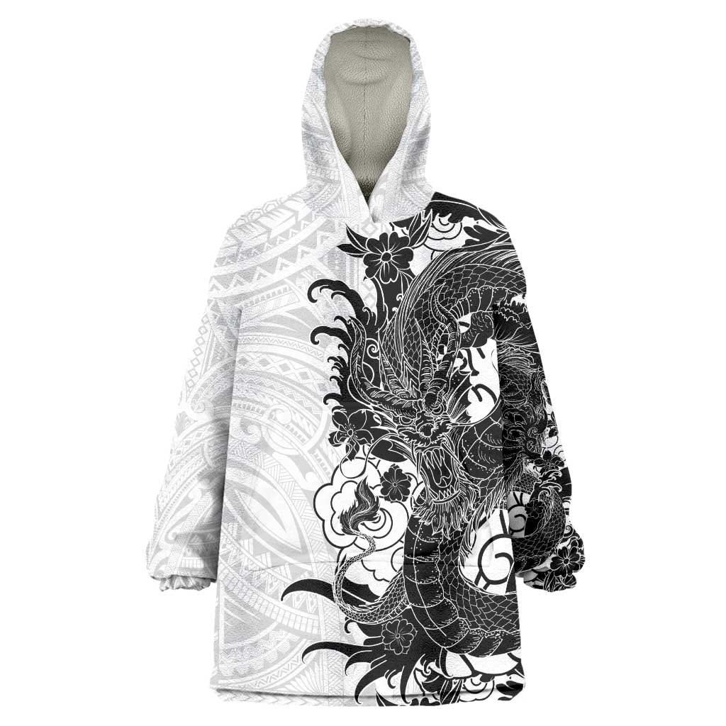 Hawaiian And Japanese Culture Wearable Blanket Hoodie Irezumi Dragon With Polynesian Pattern White - Polynesian Pride