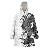 Hawaiian And Japanese Culture Wearable Blanket Hoodie Irezumi Dragon With Polynesian Pattern White - Polynesian Pride