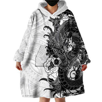 Hawaiian And Japanese Culture Wearable Blanket Hoodie Irezumi Dragon With Polynesian Pattern White - Polynesian Pride