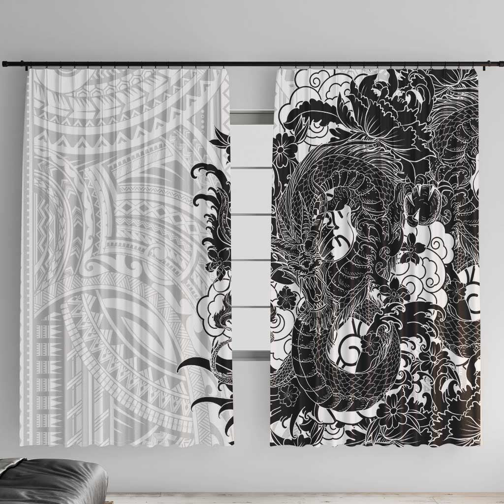 Hawaiian And Japanese Culture Window Curtain Irezumi Dragon With Polynesian Pattern White - Polynesian Pride