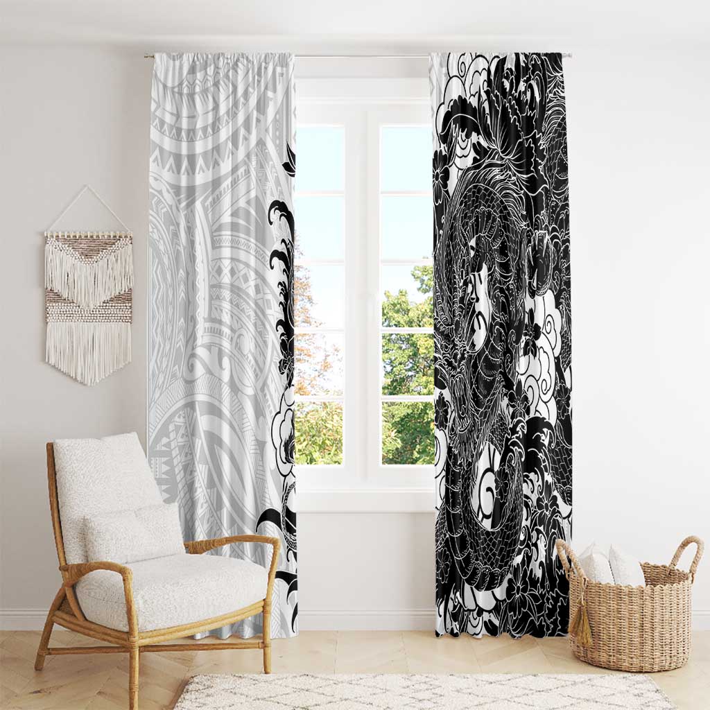 Hawaiian And Japanese Culture Window Curtain Irezumi Dragon With Polynesian Pattern White - Polynesian Pride