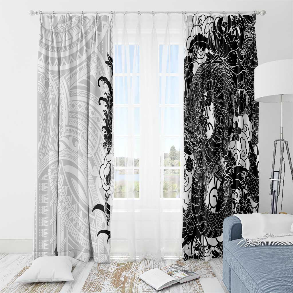 Hawaiian And Japanese Culture Window Curtain Irezumi Dragon With Polynesian Pattern White - Polynesian Pride