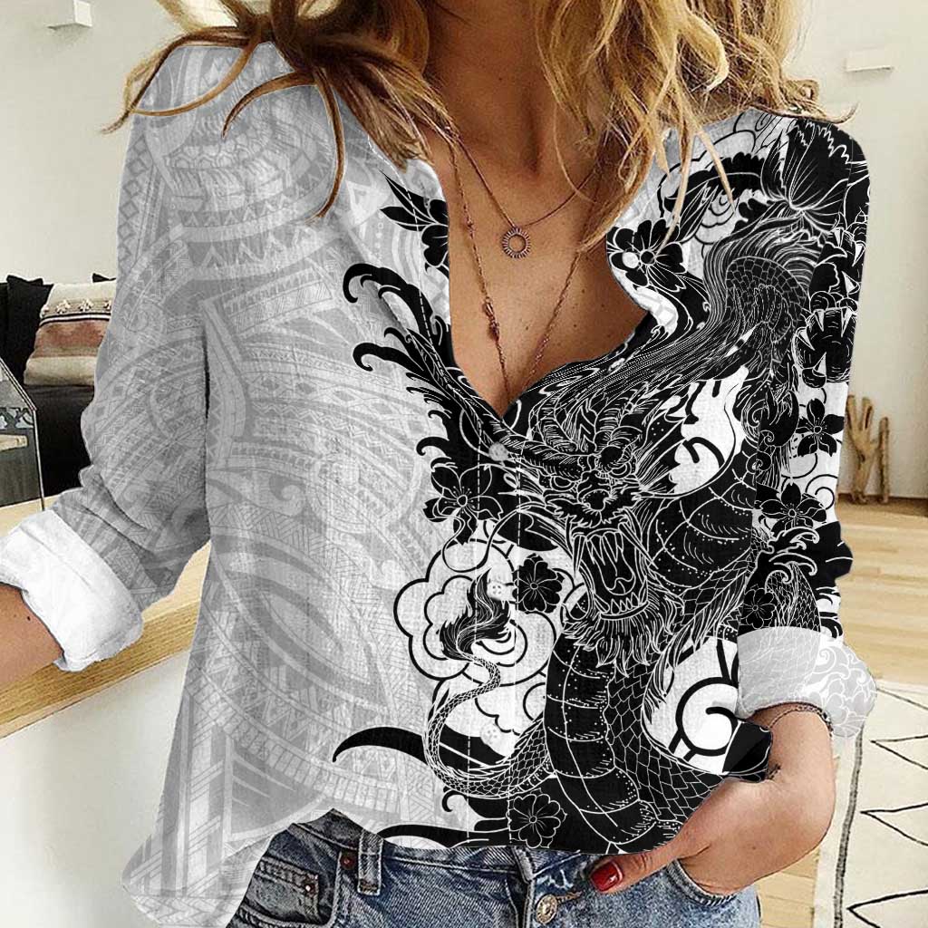 Hawaiian And Japanese Culture Women Casual Shirt Irezumi Dragon With Polynesian Pattern White - Polynesian Pride