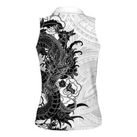 Hawaiian And Japanese Culture Women Sleeveless Polo Shirt Irezumi Dragon With Polynesian Pattern White - Polynesian Pride