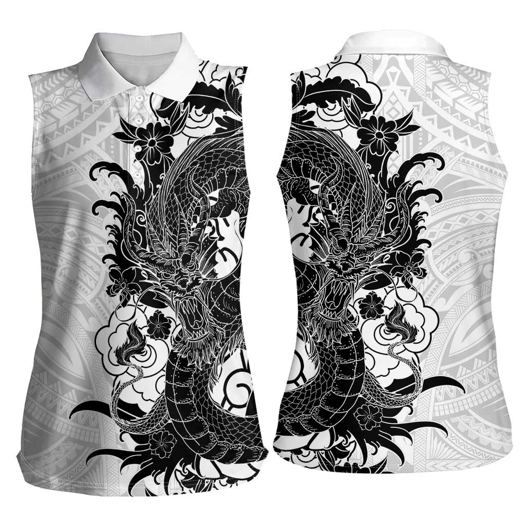 Hawaiian And Japanese Culture Women Sleeveless Polo Shirt Irezumi Dragon With Polynesian Pattern White - Polynesian Pride