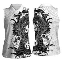 Hawaiian And Japanese Culture Women Sleeveless Polo Shirt Irezumi Dragon With Polynesian Pattern White - Polynesian Pride