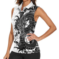 Hawaiian And Japanese Culture Women Sleeveless Polo Shirt Irezumi Dragon With Polynesian Pattern White - Polynesian Pride