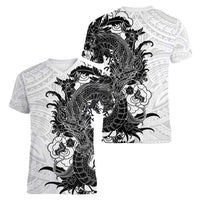 Hawaiian And Japanese Culture Women V-Neck T-Shirt Irezumi Dragon With Polynesian Pattern White - Polynesian Pride