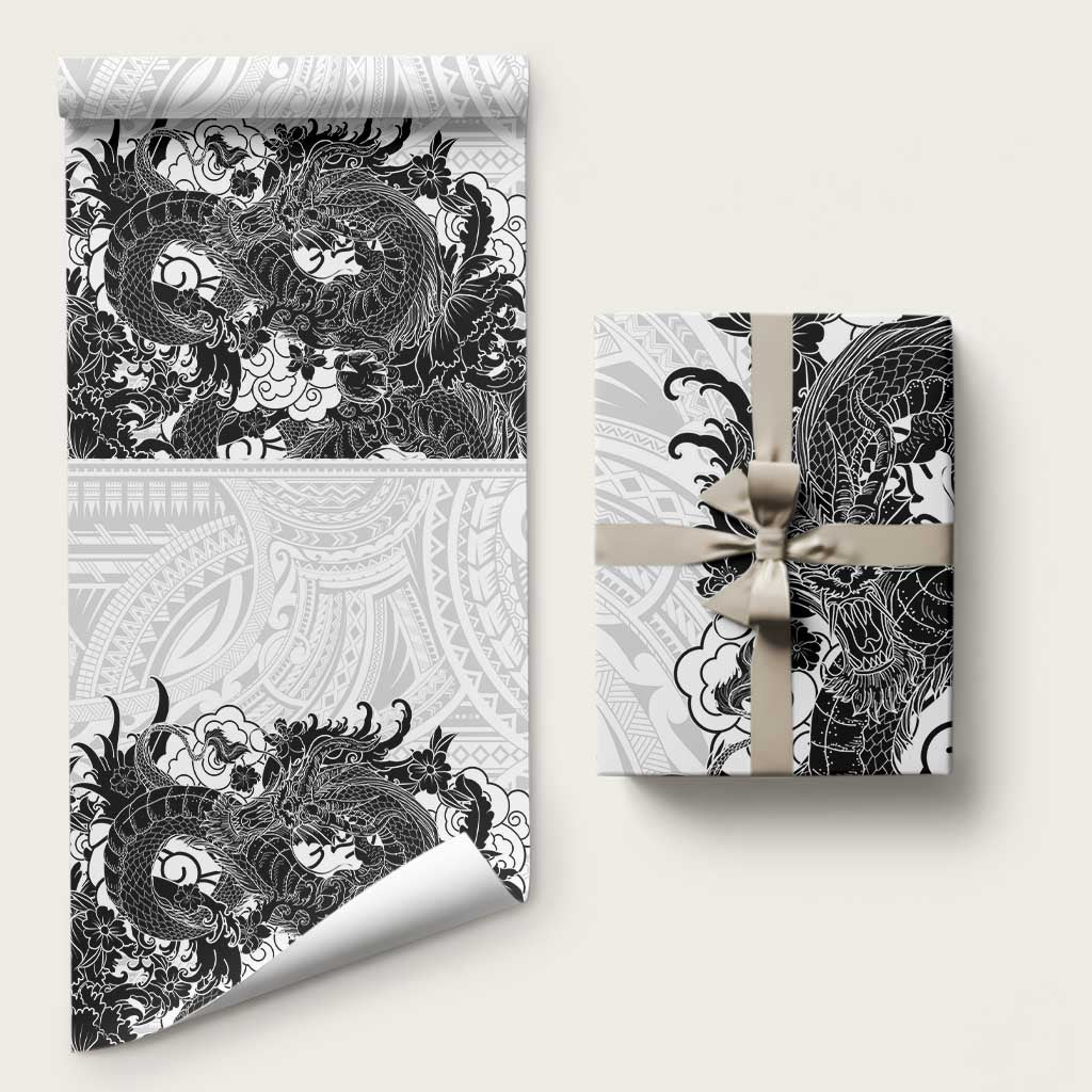 Hawaiian And Japanese Culture Wrapping Paper Irezumi Dragon With Polynesian Pattern White