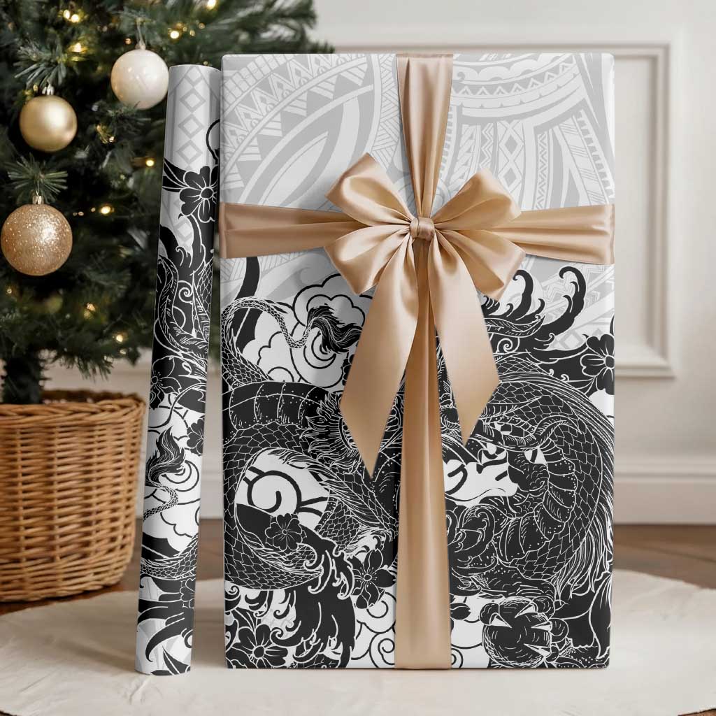 Hawaiian And Japanese Culture Wrapping Paper Irezumi Dragon With Polynesian Pattern White