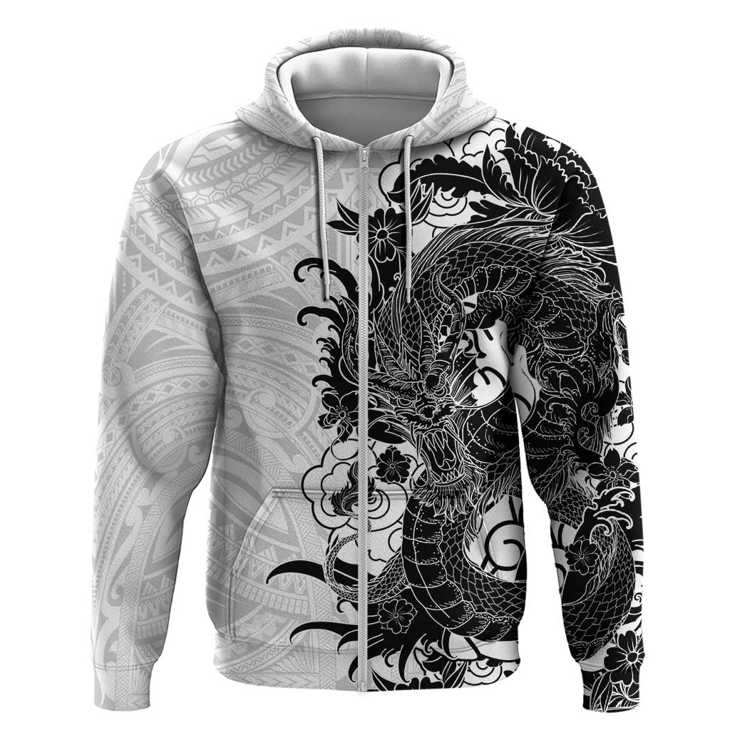 Hawaiian And Japanese Culture Zip Hoodie Irezumi Dragon With Polynesian Pattern White - Polynesian Pride
