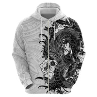 Hawaiian And Japanese Culture Zip Hoodie Irezumi Dragon With Polynesian Pattern White - Polynesian Pride