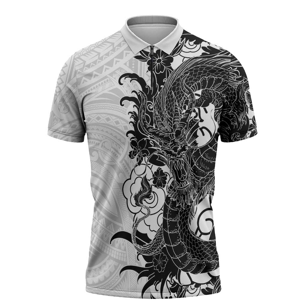 Hawaiian And Japanese Culture Zipper Polo Shirt Irezumi Dragon With Polynesian Pattern White - Polynesian Pride