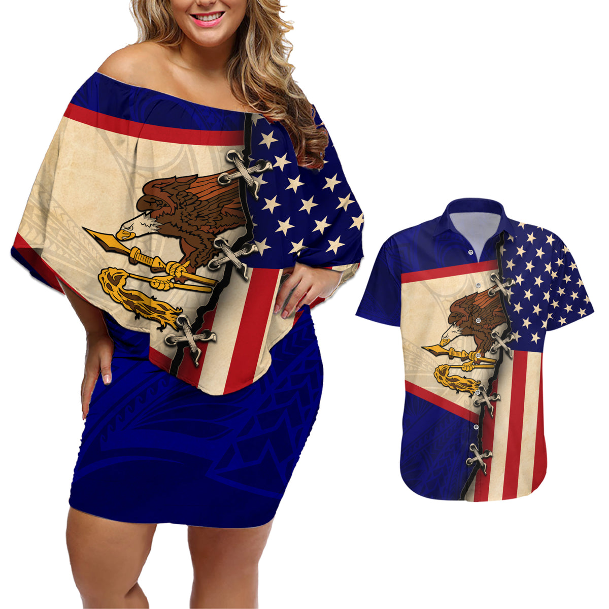 American Samoa Flag Day Couples Matching Off Shoulder Short Dress and Hawaiian Shirt Polynesian Tribal Pattern LT05 Blue - Polynesian Pride