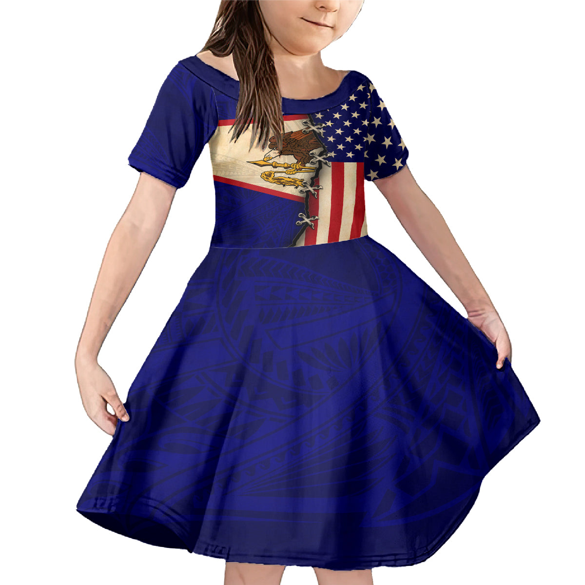 American Samoa Flag Day Family Matching Mermaid Dress and Hawaiian Shirt Polynesian Tribal Pattern LT05 Daughter's Dress Blue - Polynesian Pride