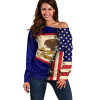 American Samoa Flag Day Off Shoulder Sweater Polynesian Tribal Pattern LT05 Women Blue - Polynesian Pride