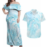 Polynesia Dolphins Under The Sea Couples Matching Off Shoulder Maxi Dress and Hawaiian Shirt Simple Style LT05 Baby Blue - Polynesian Pride