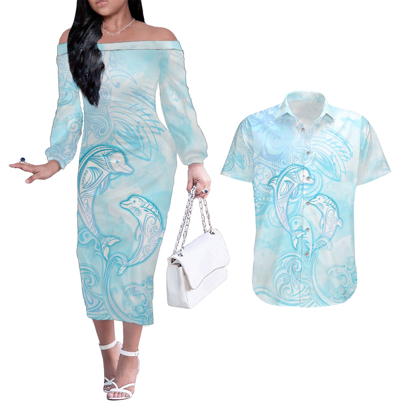 Polynesia Dolphins Under The Sea Couples Matching Off The Shoulder Long Sleeve Dress and Hawaiian Shirt Simple Style LT05 Baby Blue - Polynesian Pride