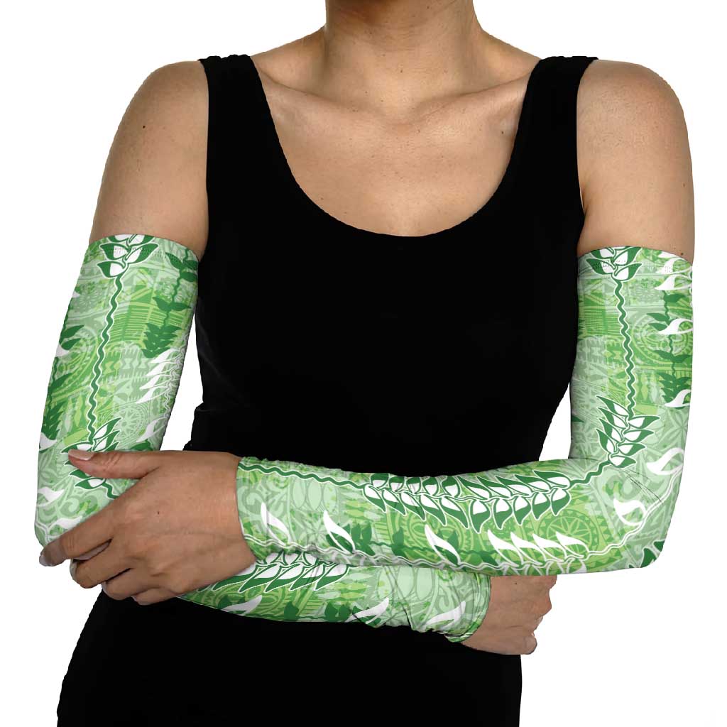 Green Hawaii Tapa Pattern Arm Sleeves With Heliconia Vintage Style LT05 - Polynesian Pride
