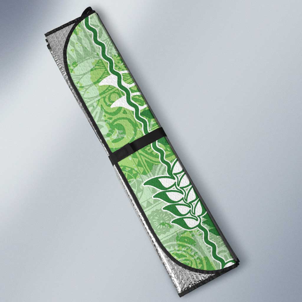 Green Hawaii Tapa Pattern Auto Sun Shade With Heliconia Vintage Style LT05 - Polynesian Pride