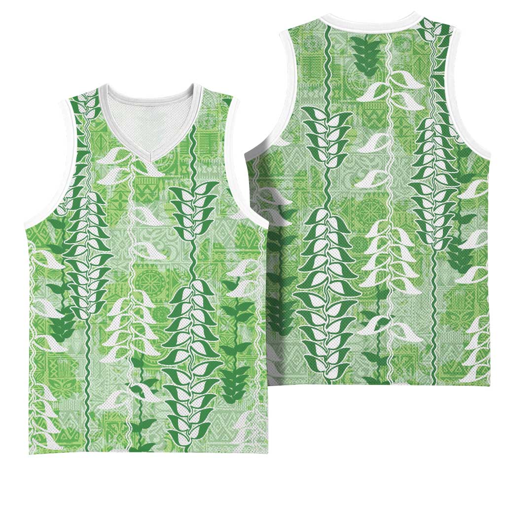 Green Hawaii Tapa Pattern Basketball Jersey With Heliconia Vintage Style LT05 - Polynesian Pride