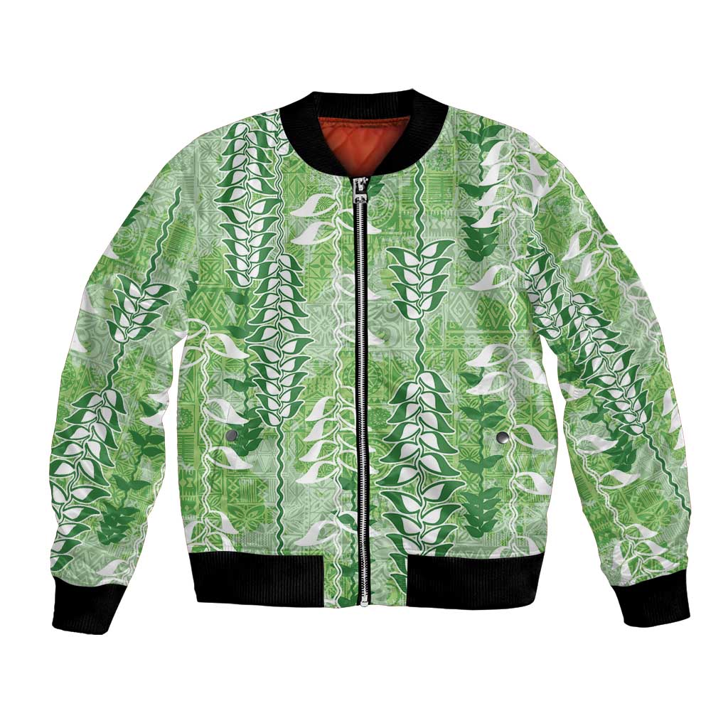 Green Hawaii Tapa Pattern Bomber Jacket With Heliconia Vintage Style LT05 Unisex Green - Polynesian Pride