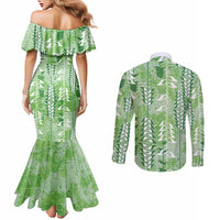 Green Hawaii Tapa Pattern Couples Matching Mermaid Dress and Long Sleeve Button Shirt With Heliconia Vintage Style LT05 - Polynesian Pride