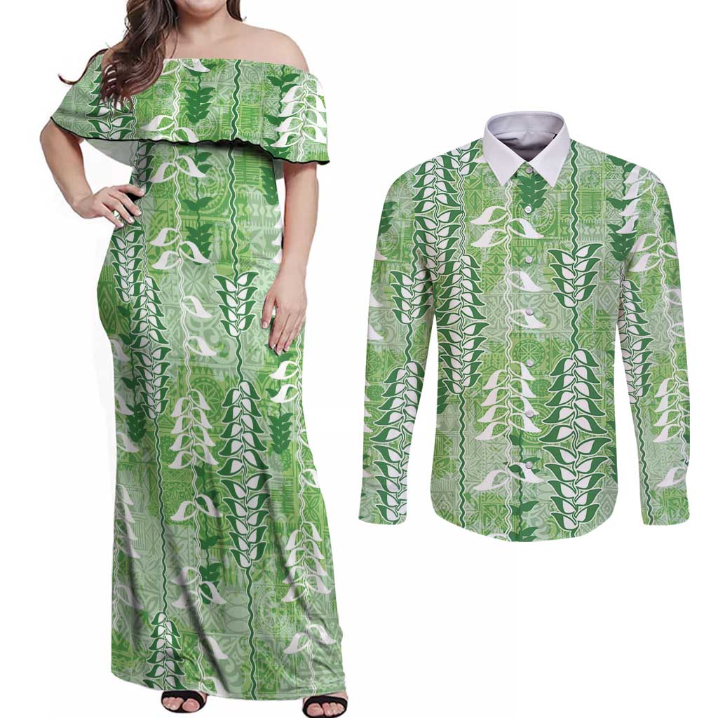 Green Hawaii Tapa Pattern Couples Matching Off Shoulder Maxi Dress and Long Sleeve Button Shirt With Heliconia Vintage Style LT05 Green - Polynesian Pride