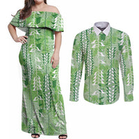 Green Hawaii Tapa Pattern Couples Matching Off Shoulder Maxi Dress and Long Sleeve Button Shirt With Heliconia Vintage Style LT05 Green - Polynesian Pride