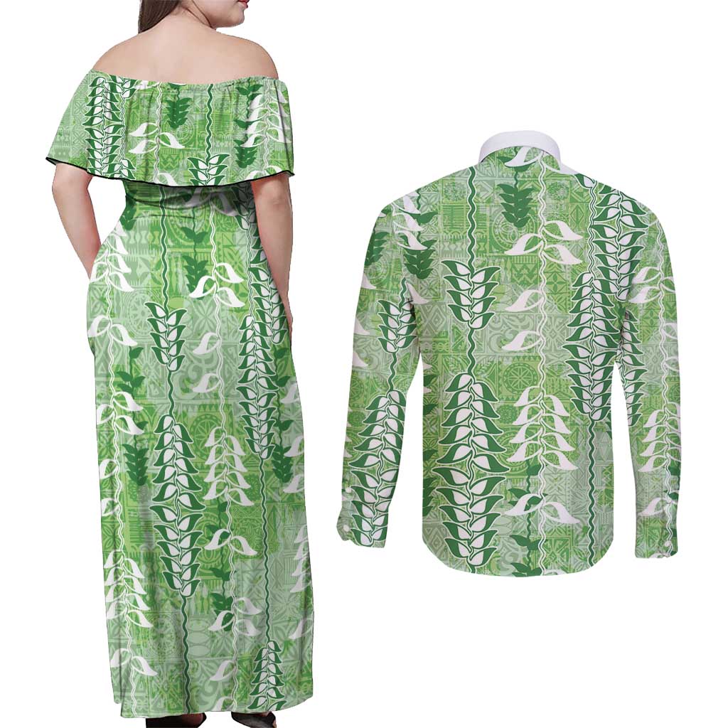 Green Hawaii Tapa Pattern Couples Matching Off Shoulder Maxi Dress and Long Sleeve Button Shirt With Heliconia Vintage Style LT05 - Polynesian Pride