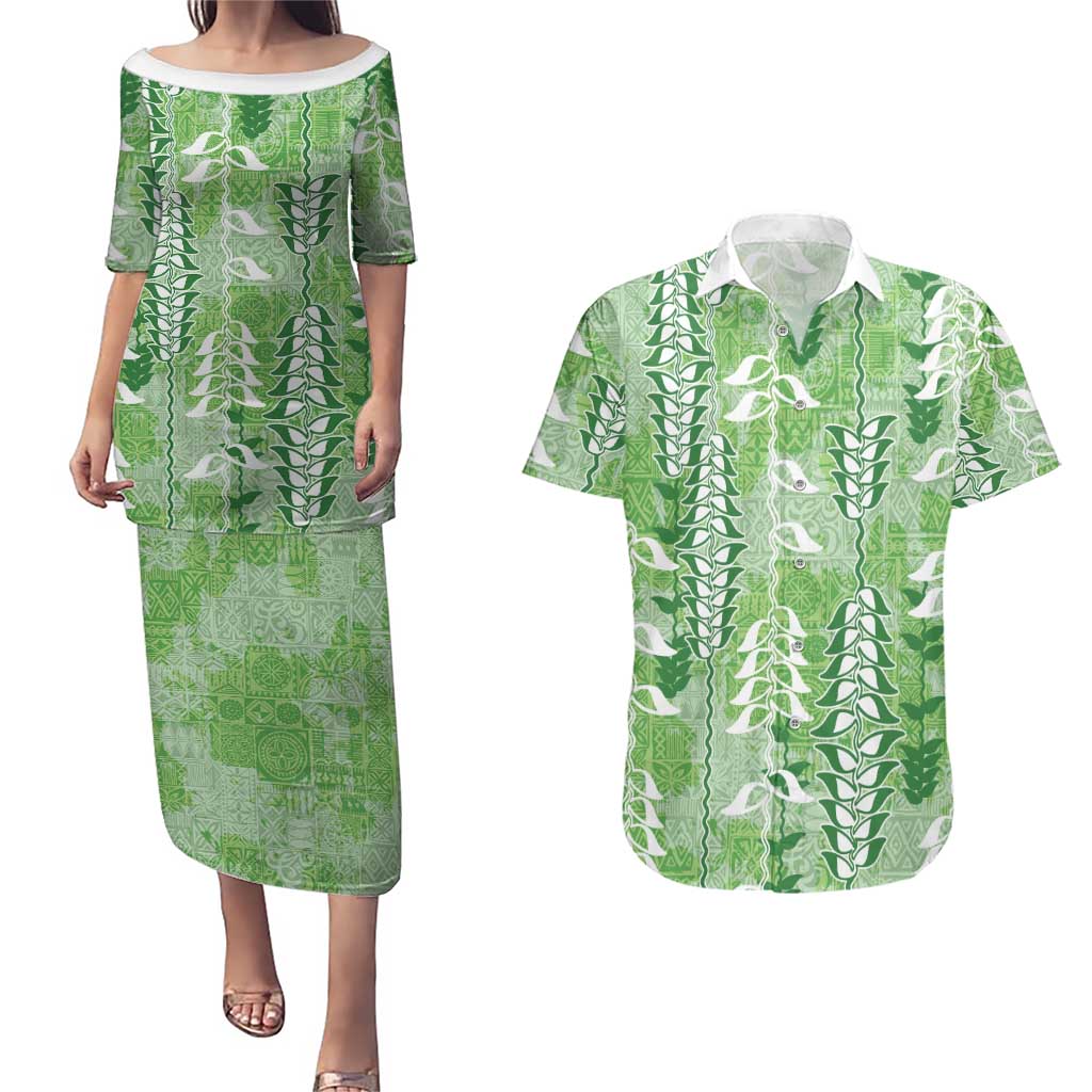 Green Hawaii Tapa Pattern Couples Matching Puletasi and Hawaiian Shirt With Heliconia Vintage Style LT05 Green - Polynesian Pride