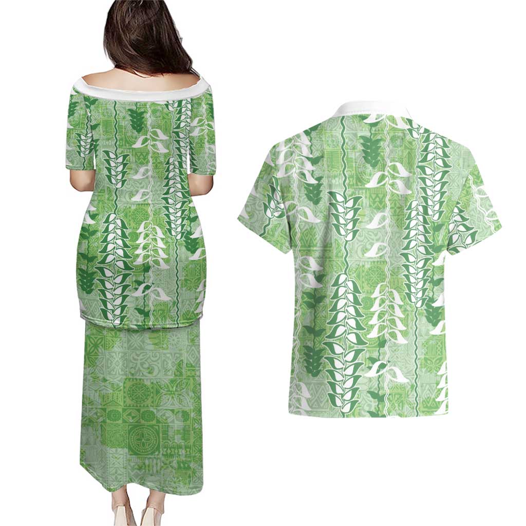Green Hawaii Tapa Pattern Couples Matching Puletasi and Hawaiian Shirt With Heliconia Vintage Style LT05 - Polynesian Pride