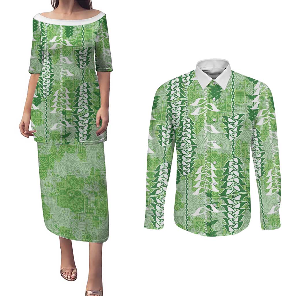Green Hawaii Tapa Pattern Couples Matching Puletasi and Long Sleeve Button Shirt With Heliconia Vintage Style LT05 Green - Polynesian Pride