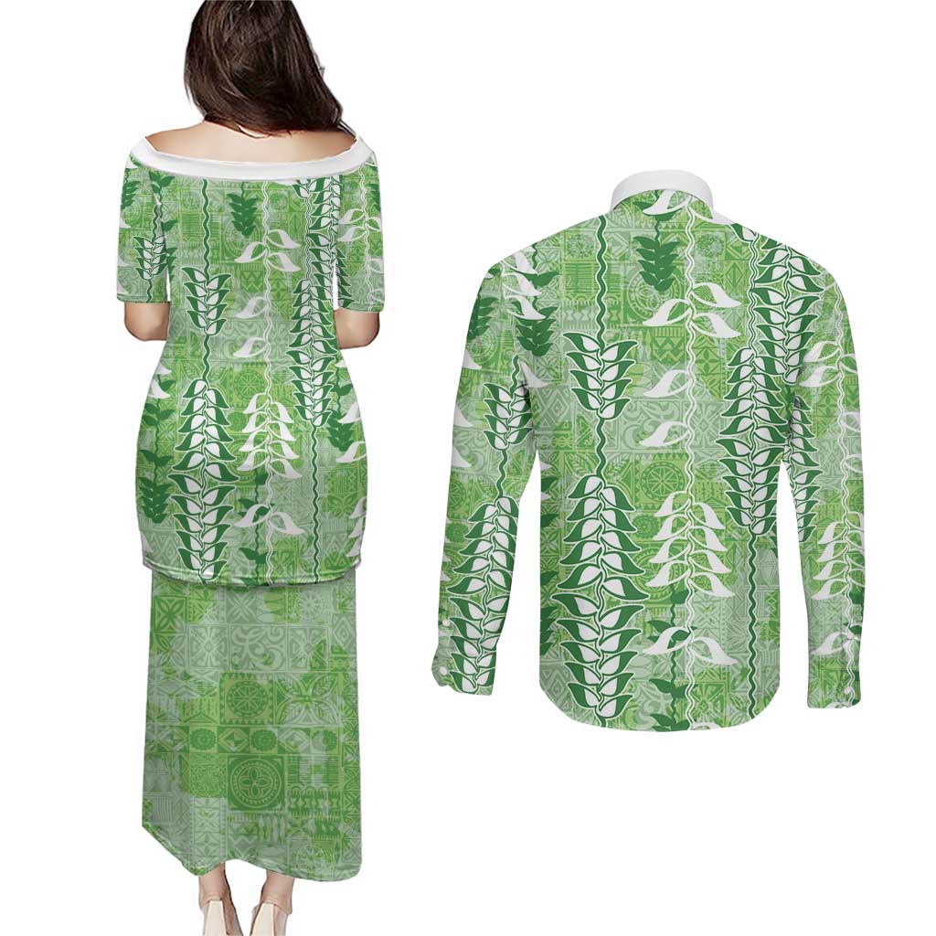 Green Hawaii Tapa Pattern Couples Matching Puletasi and Long Sleeve Button Shirt With Heliconia Vintage Style LT05 - Polynesian Pride