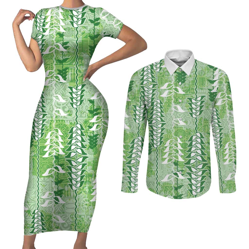 Green Hawaii Tapa Pattern Couples Matching Short Sleeve Bodycon Dress and Long Sleeve Button Shirt With Heliconia Vintage Style LT05 Green - Polynesian Pride
