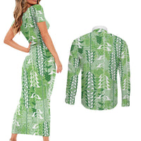 Green Hawaii Tapa Pattern Couples Matching Short Sleeve Bodycon Dress and Long Sleeve Button Shirt With Heliconia Vintage Style LT05 - Polynesian Pride