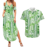 Green Hawaii Tapa Pattern Couples Matching Summer Maxi Dress and Hawaiian Shirt With Heliconia Vintage Style LT05 Green - Polynesian Pride